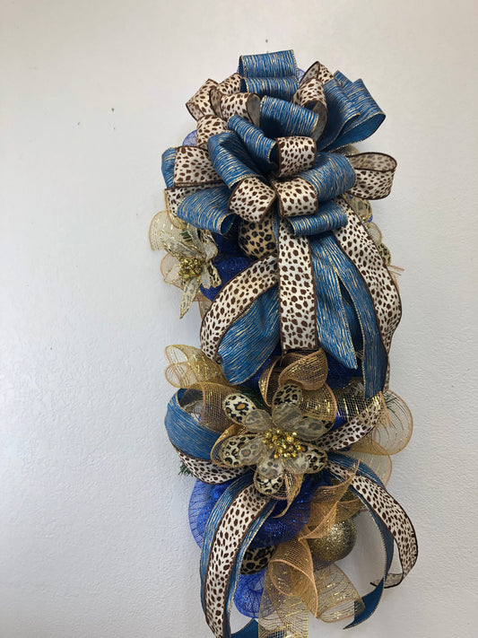 Cheetah swag, animal print and blue, Christmas swag, door swag, porch decor