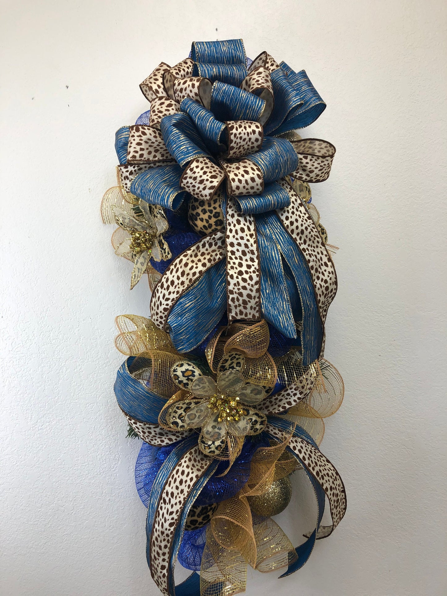 Cheetah swag, animal print and blue, Christmas swag, door swag, porch decor
