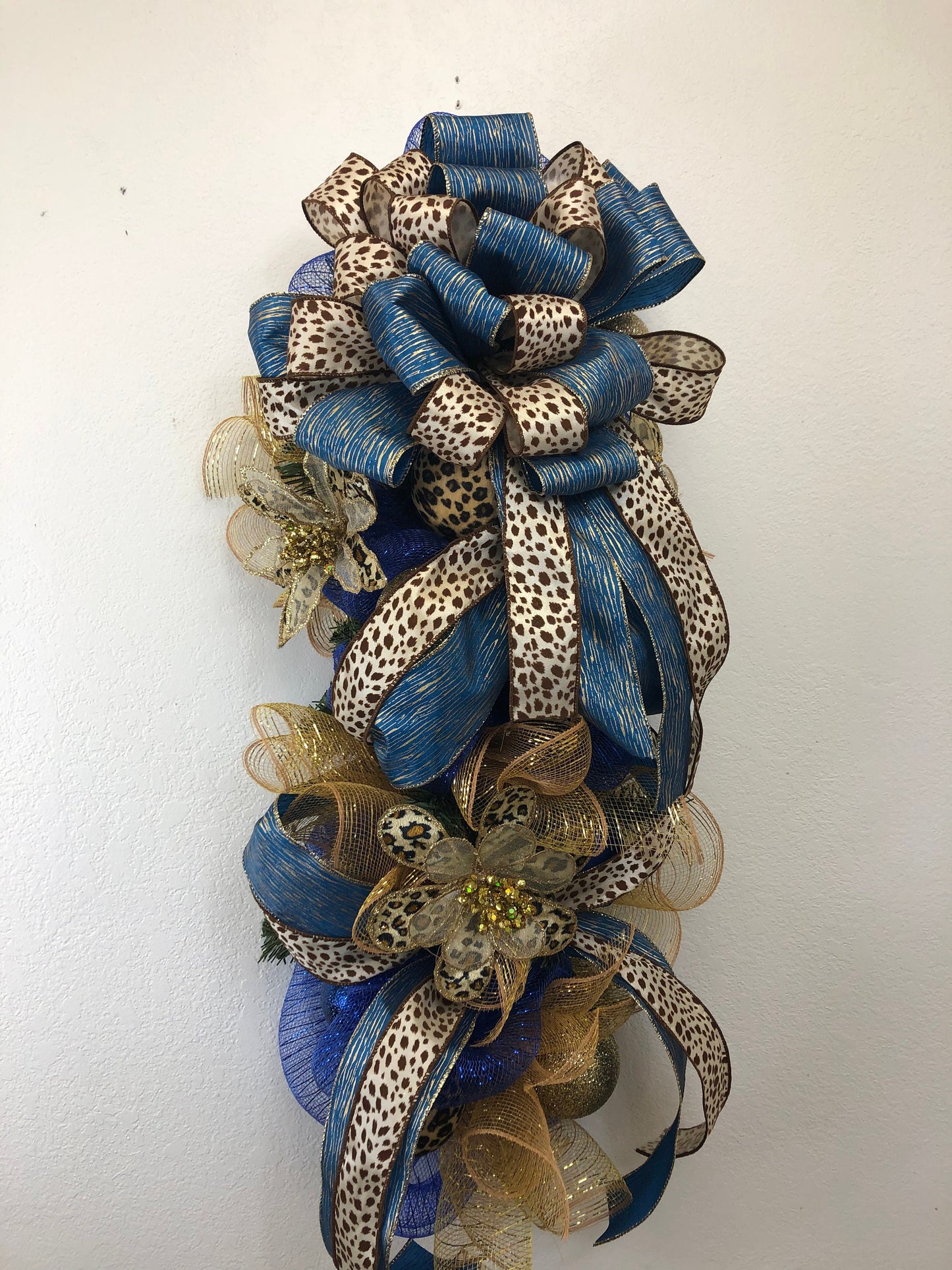 Cheetah swag, animal print and blue, Christmas swag, door swag, porch decor