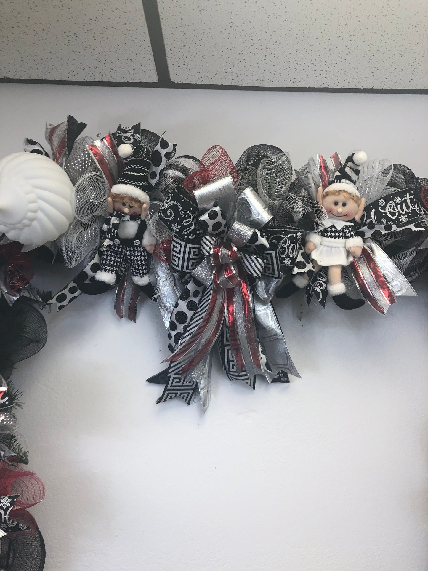 Black and white Christmas, Christmas garland, elf garland, black and white mantlepiece, elf mantle, black and white decor, porch decor