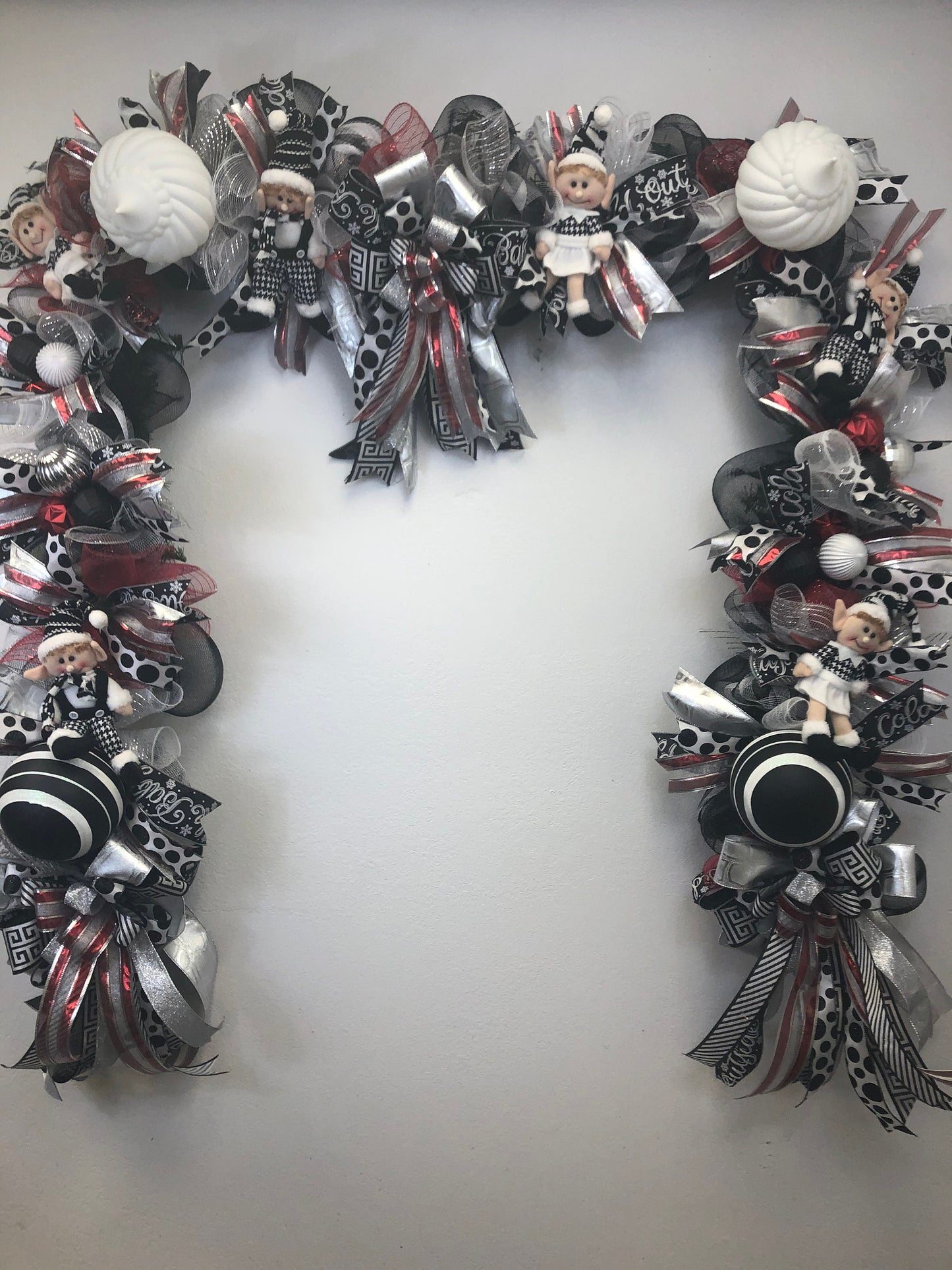 Black and white Christmas, Christmas garland, elf garland, black and white mantlepiece, elf mantle, black and white decor, porch decor