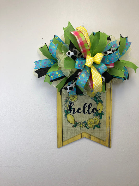 Lemon wreath rail, hello door hanger, lemon door decor, hello decor, lemon decor, porch decor, front door decor