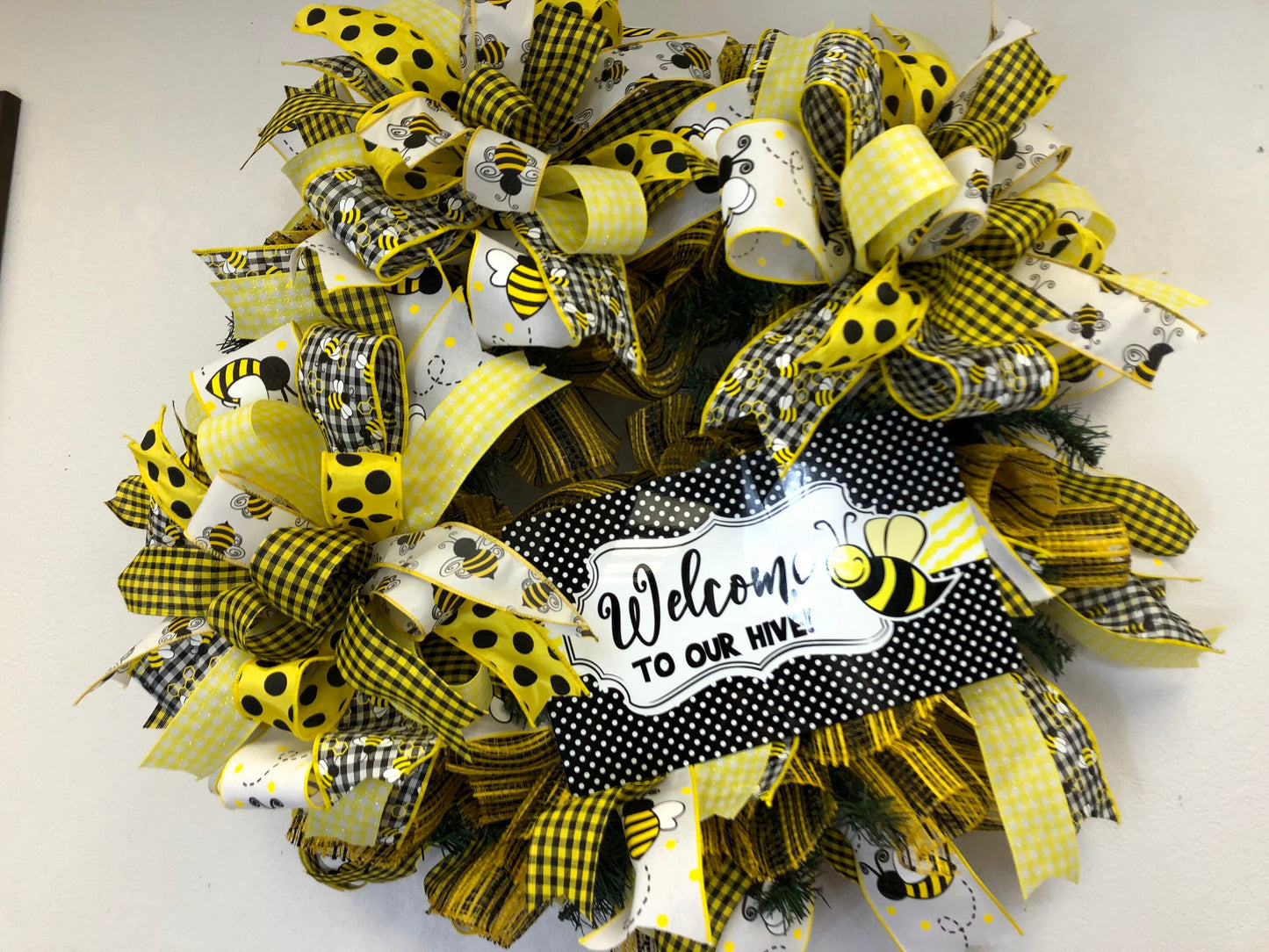 Bee wreath, welcome to our hive, large spring wreath, large bee wreath, yellow wreath, porch decor, front door wreath, front door decor