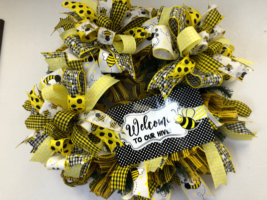 Bee wreath, welcome to our hive, large spring wreath, large bee wreath, yellow wreath, porch decor, front door wreath, front door decor