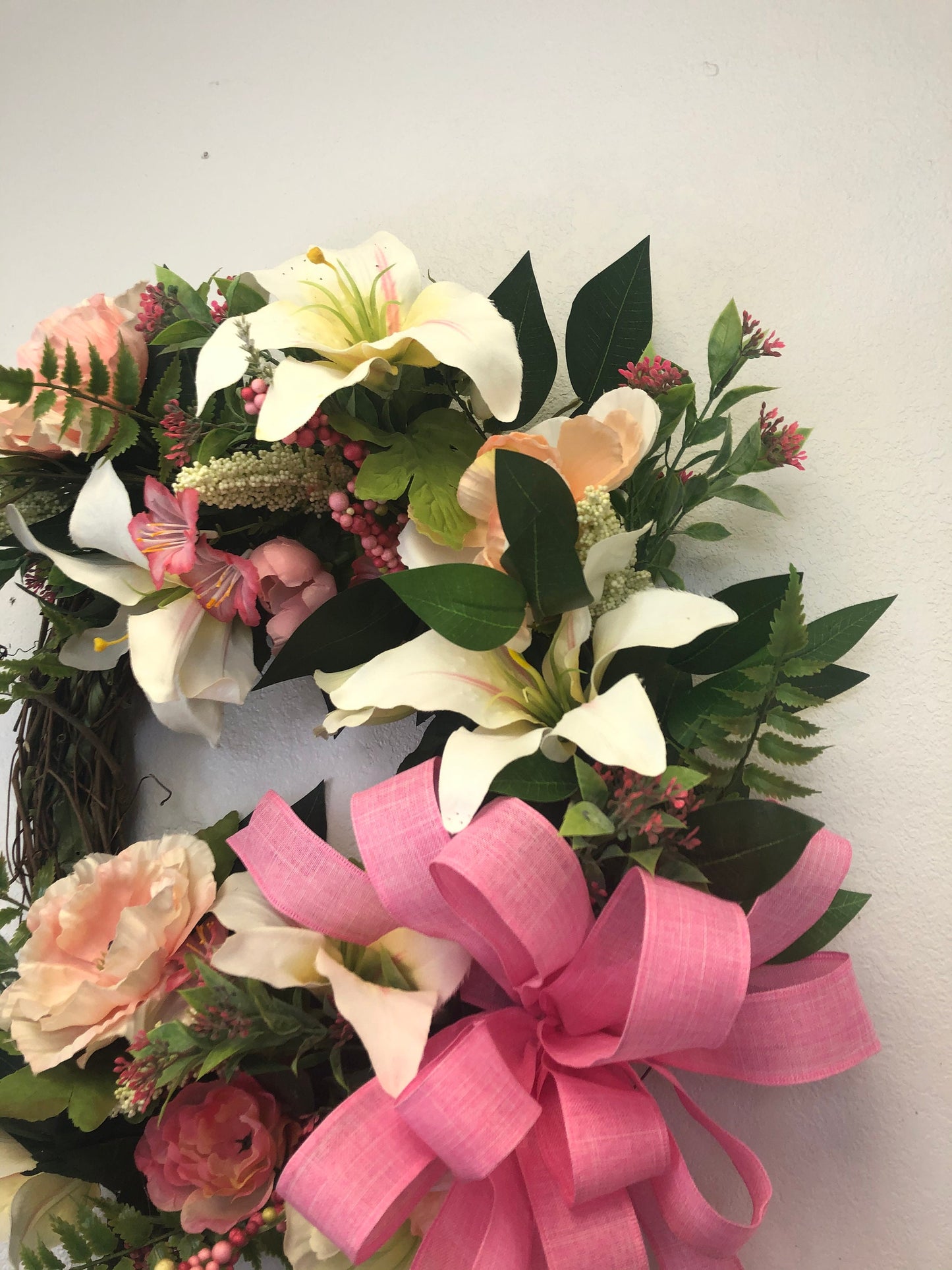 Mother’s Day ideas, Spring floral, spring wreath, Easter wreath, lily wreath, Easter lily wreath, porch decor, front door decor