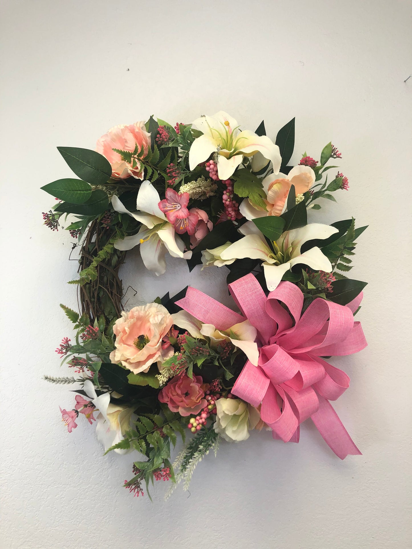 Mother’s Day ideas, Spring floral, spring wreath, Easter wreath, lily wreath, Easter lily wreath, porch decor, front door decor