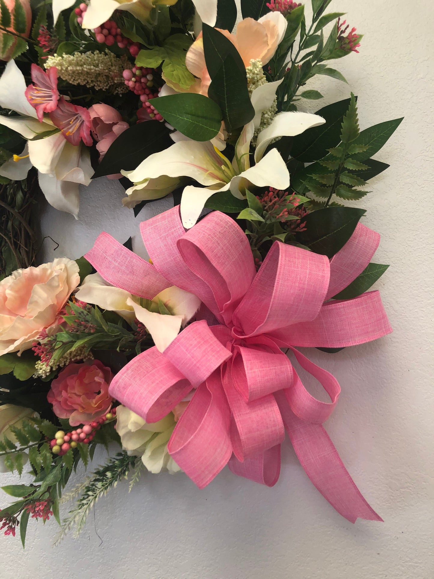 Mother’s Day ideas, Spring floral, spring wreath, Easter wreath, lily wreath, Easter lily wreath, porch decor, front door decor