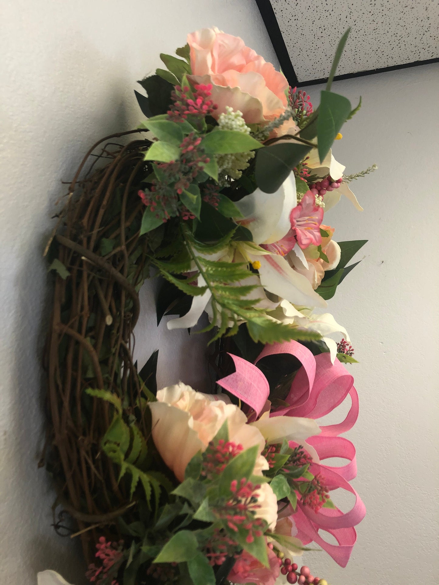 Mother’s Day ideas, Spring floral, spring wreath, Easter wreath, lily wreath, Easter lily wreath, porch decor, front door decor