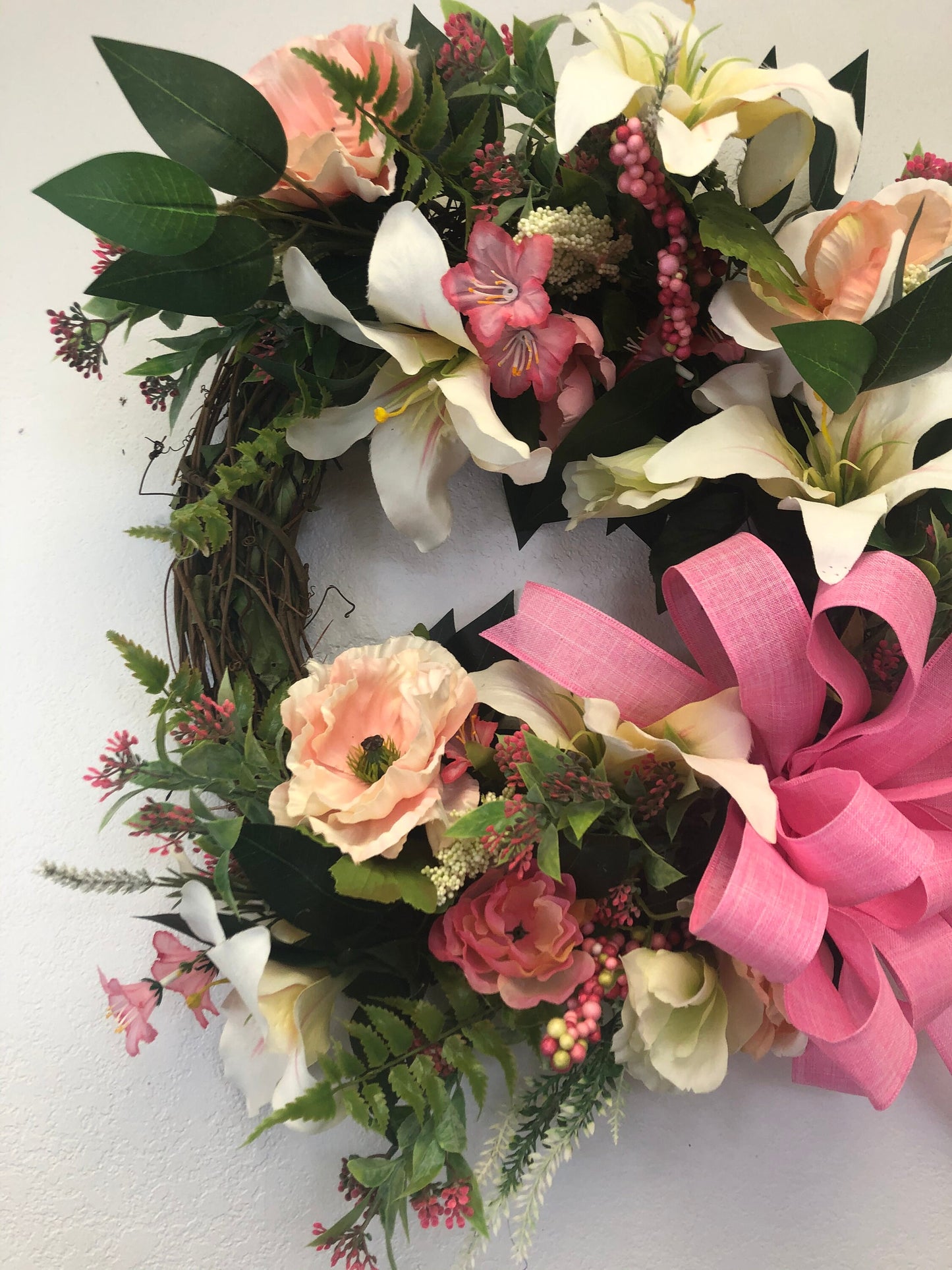Mother’s Day ideas, Spring floral, spring wreath, Easter wreath, lily wreath, Easter lily wreath, porch decor, front door decor