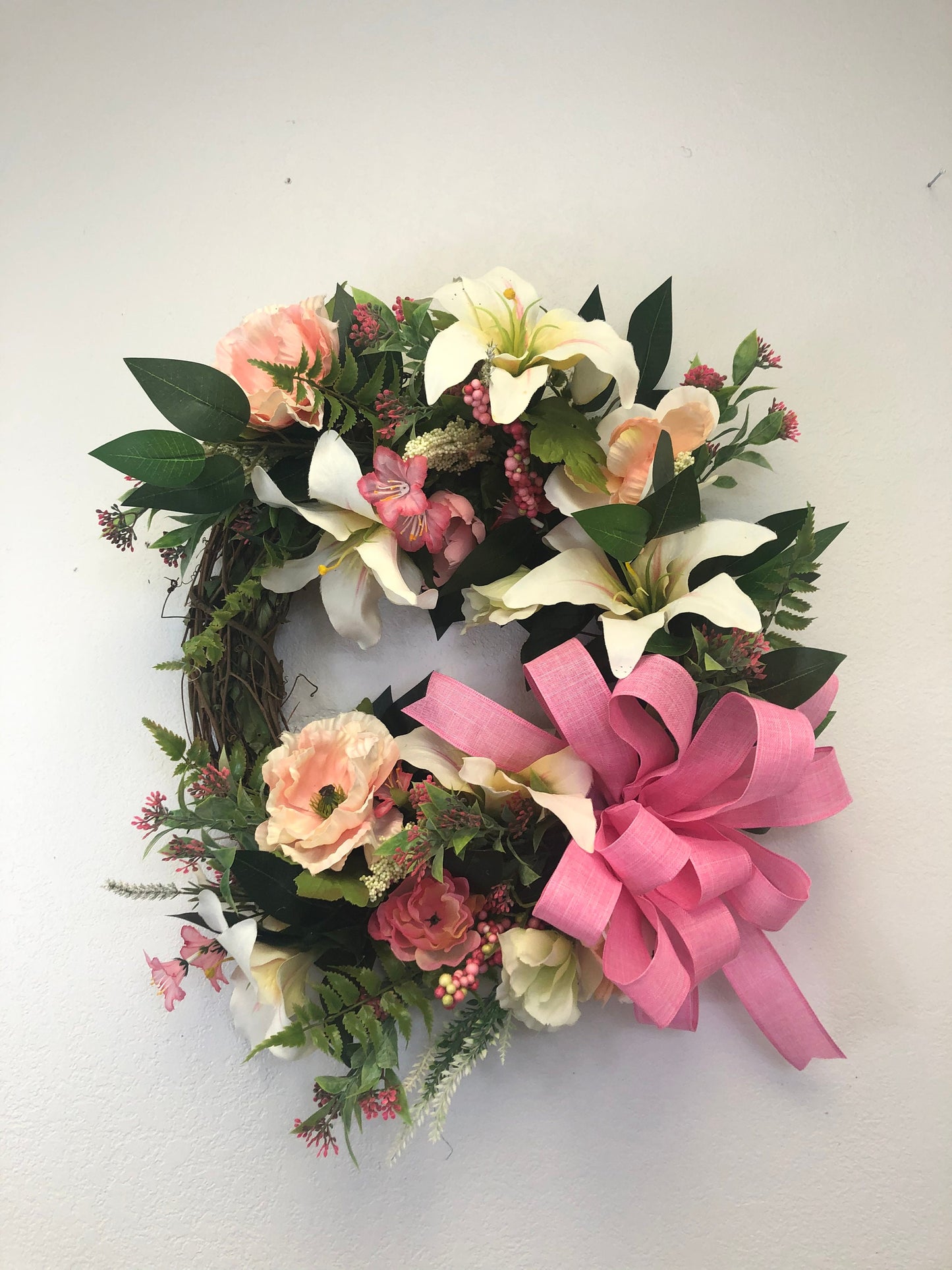 Mother’s Day ideas, Spring floral, spring wreath, Easter wreath, lily wreath, Easter lily wreath, porch decor, front door decor