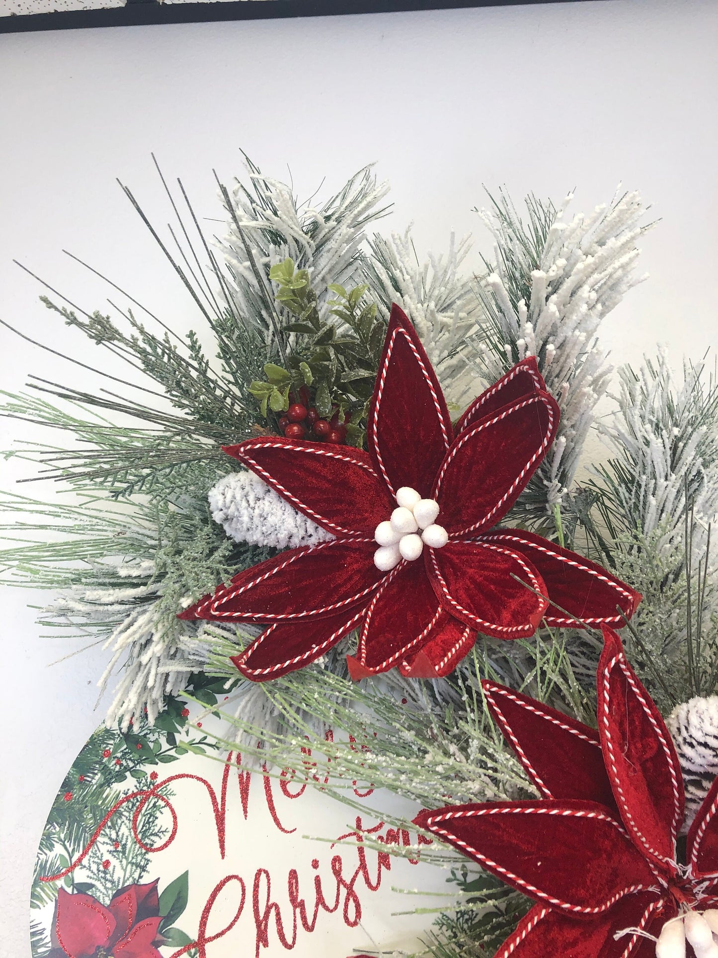 Rustic Christmas, farmhouse Christmas, red poinsettia, Christmas wreath, pine wreath, porch decor, front door wreath