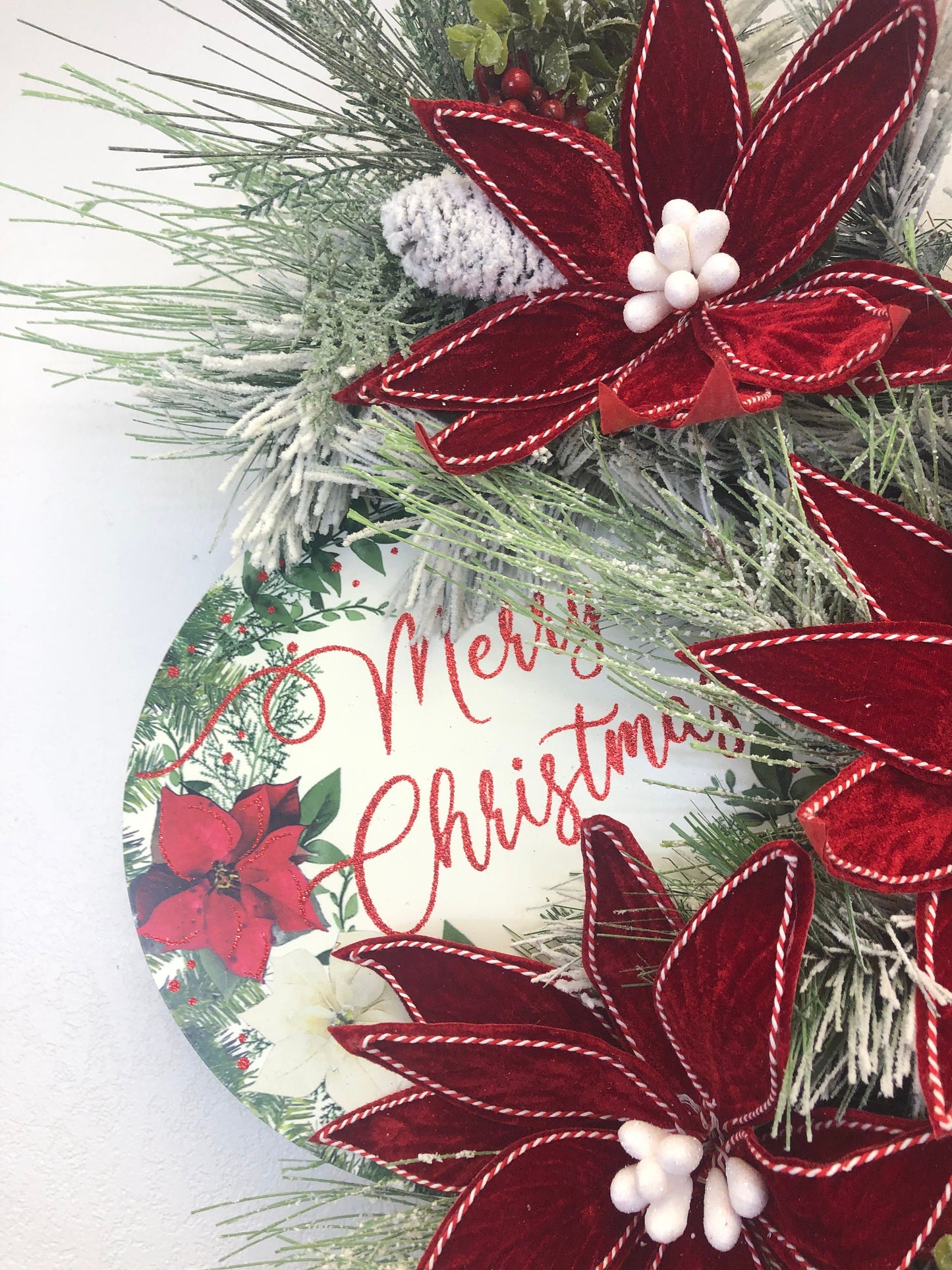 Rustic Christmas, farmhouse Christmas, red poinsettia, Christmas wreath, pine wreath, porch decor, front door wreath