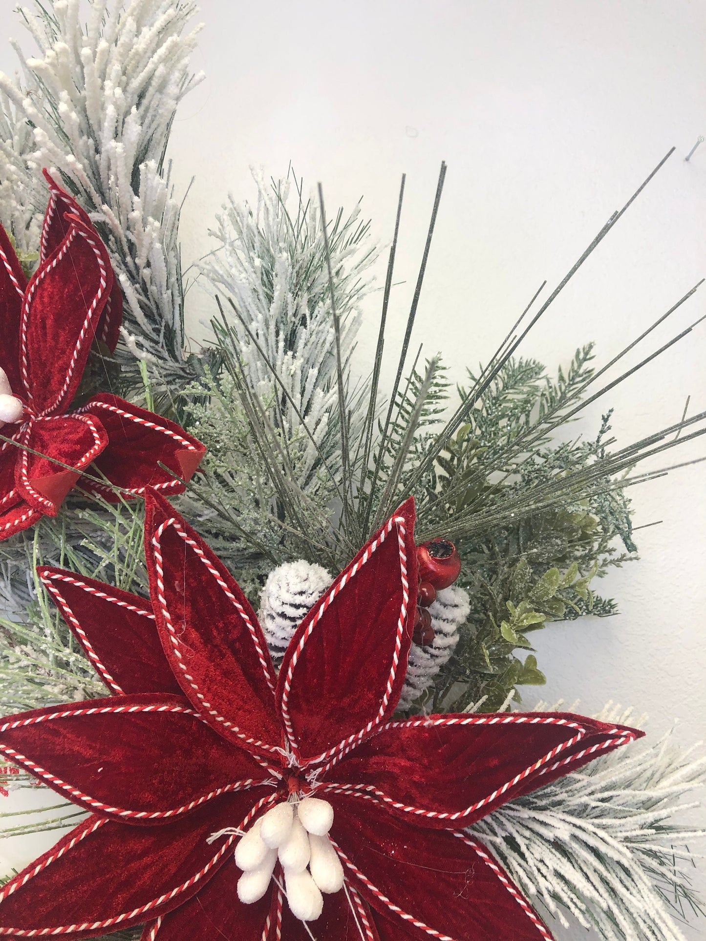 Rustic Christmas, farmhouse Christmas, red poinsettia, Christmas wreath, pine wreath, porch decor, front door wreath