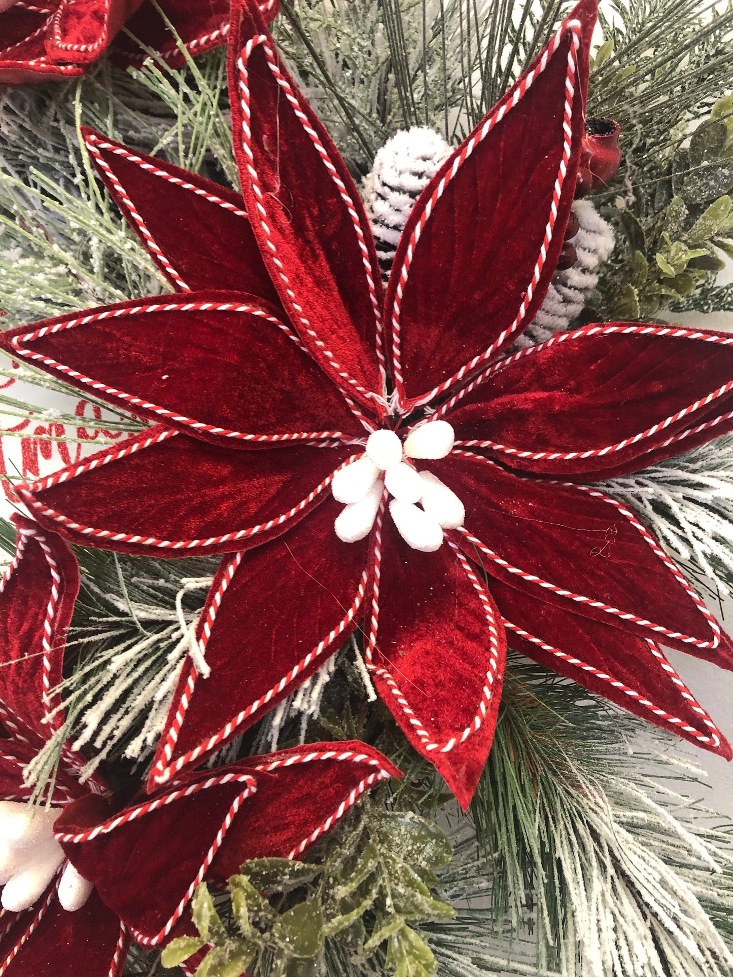 Rustic Christmas, farmhouse Christmas, red poinsettia, Christmas wreath, pine wreath, porch decor, front door wreath