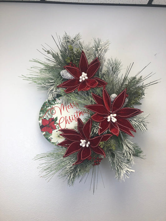 Rustic Christmas, farmhouse Christmas, red poinsettia, Christmas wreath, pine wreath, porch decor, front door wreath
