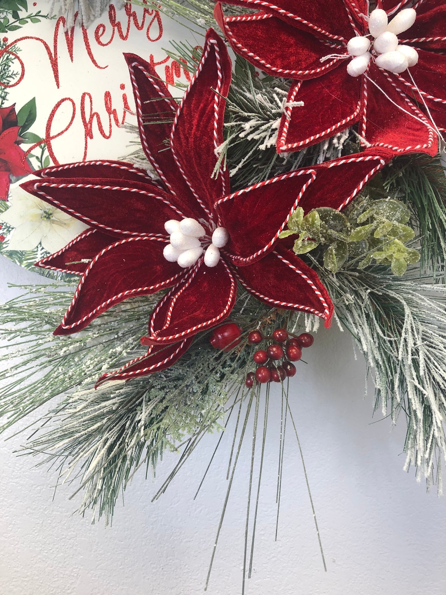 Rustic Christmas, farmhouse Christmas, red poinsettia, Christmas wreath, pine wreath, porch decor, front door wreath