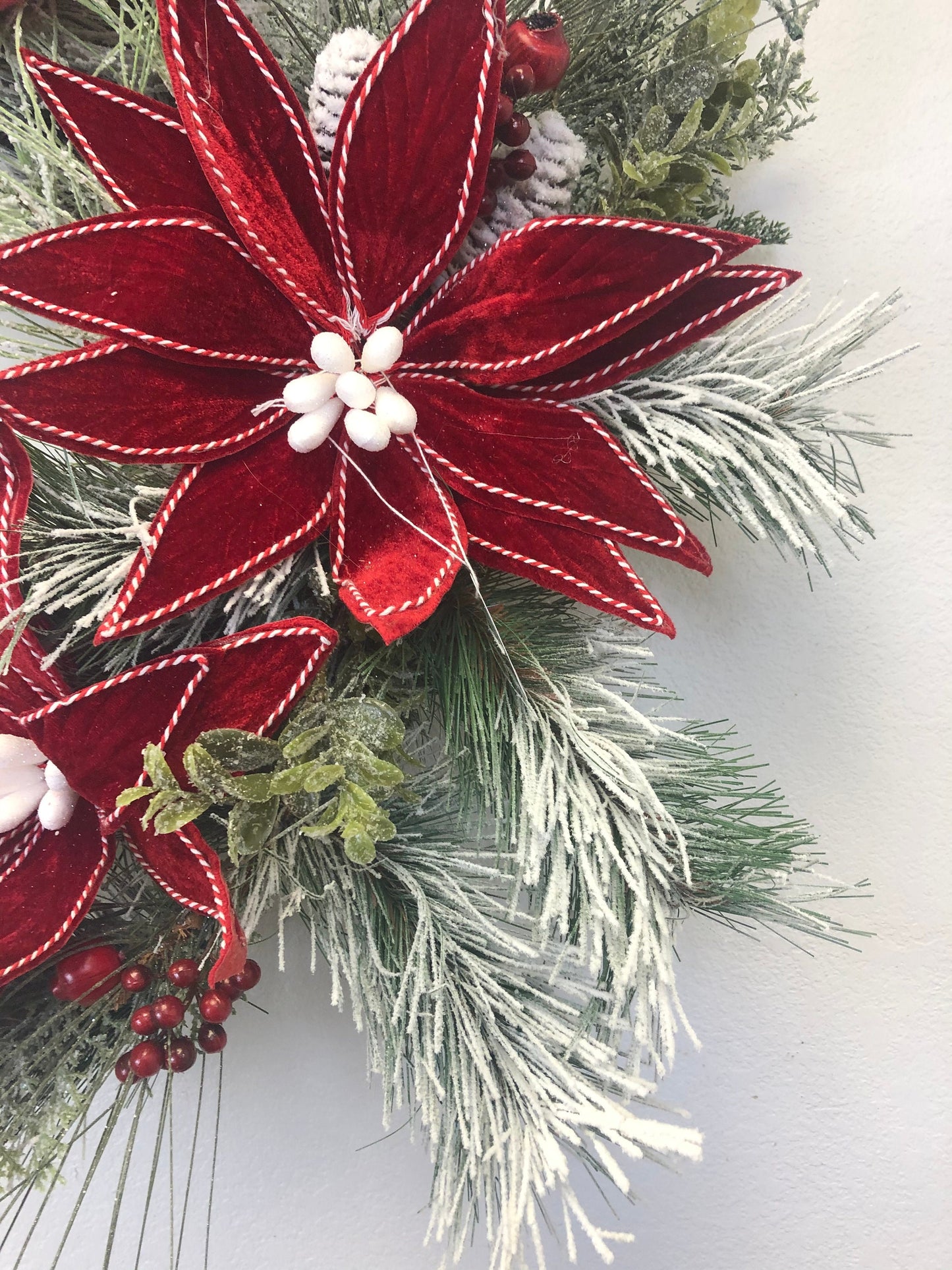 Rustic Christmas, farmhouse Christmas, red poinsettia, Christmas wreath, pine wreath, porch decor, front door wreath