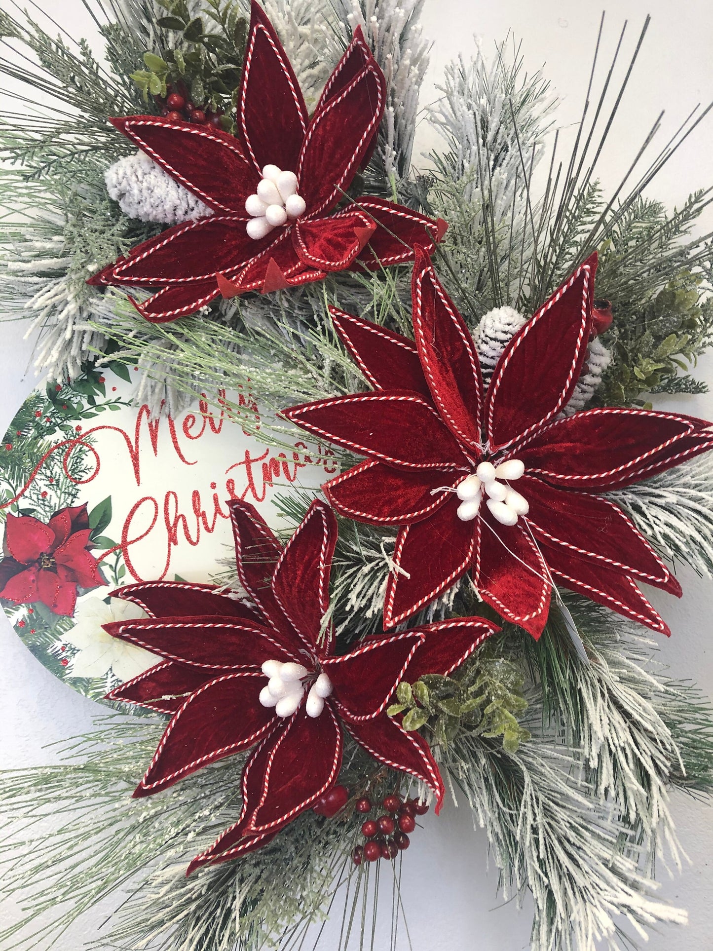 Rustic Christmas, farmhouse Christmas, red poinsettia, Christmas wreath, pine wreath, porch decor, front door wreath